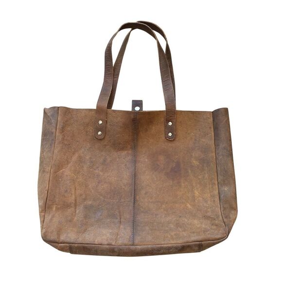 KomalC Large Brown Leather Tote Bag Unisex Travel Handbag - Picture 2 of 7